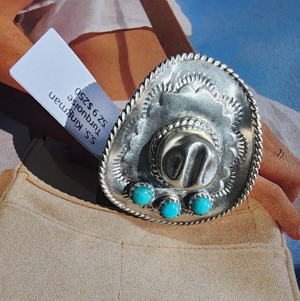 Sterling  Silver and Turquoise Cowgirl Hat Ring In Size 9 - Picture 5 of 15